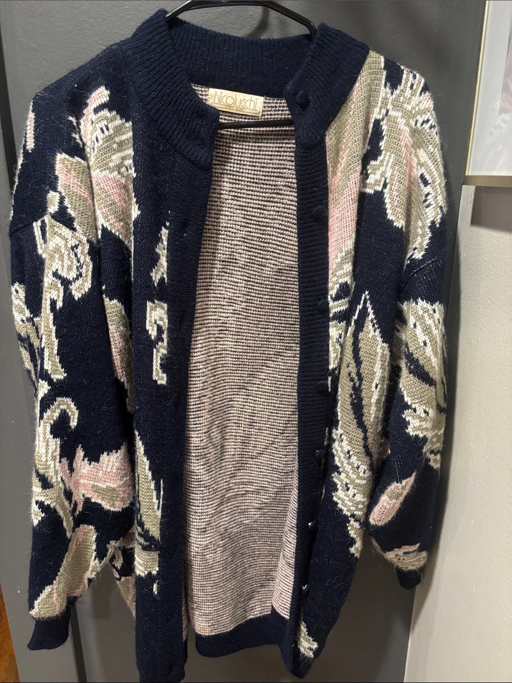 Knit Floral Cardigan in Navy with Pink & Cream Motif